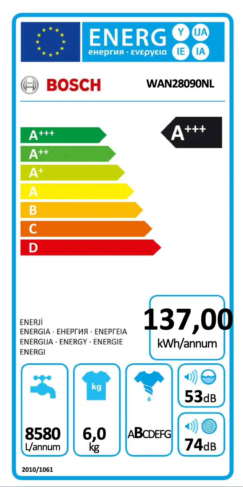 Page n°1 - Label énergétique Bosch WAN28090NL