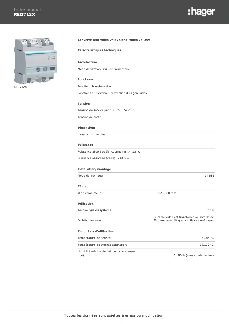 Page 1 de la notice Fiche technique Hager RED712X