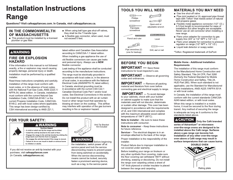 Page n°1 - Guide d'installation GE CGS750M2NS5