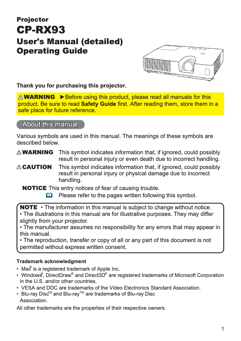 Página 1 del manual Manual de usuario Hitachi CP-RX93EF