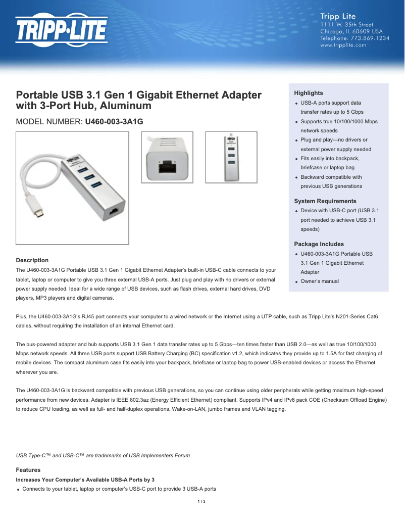 Page 1 de la notice Fiche technique Tripp Lite U460-003-3A1G