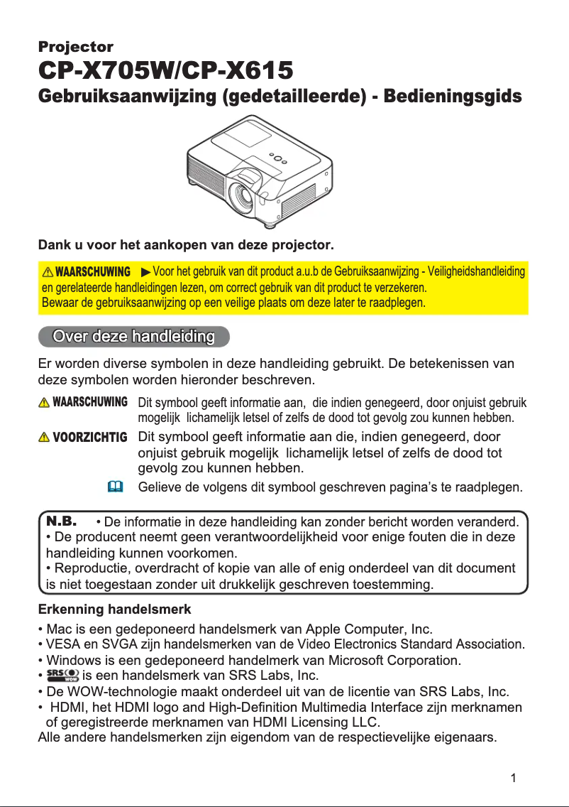 Image de la première page du manuel de l'appareil CP-X705W