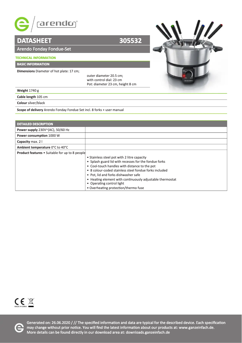 Page 1 de la notice Fiche technique Arendo Maki 305532