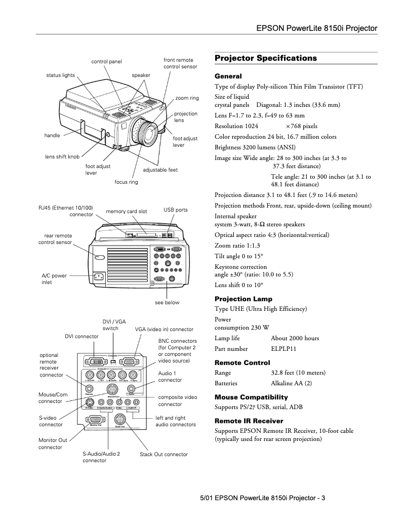 Page 1 de la notice Fiche technique Epson PowerLite 8150NL