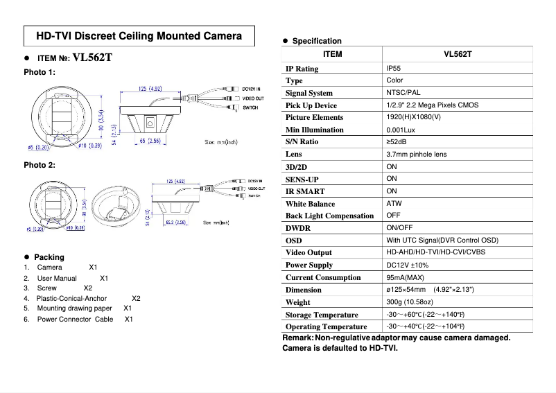 Page 1 de la notice Manuel utilisateur Speco Technologies VL562T