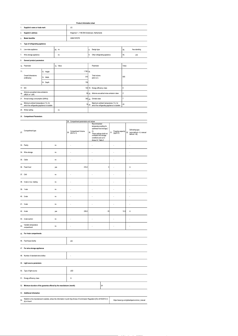 Page 1 de la notice Fiche technique LG GSBV70PZTE