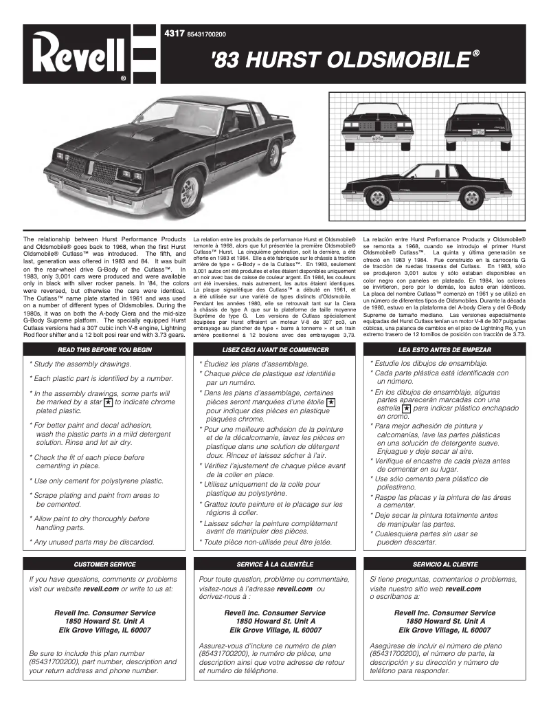 Page 1 de la notice Manuel utilisateur Revell '83 Hurst Oldsmobile