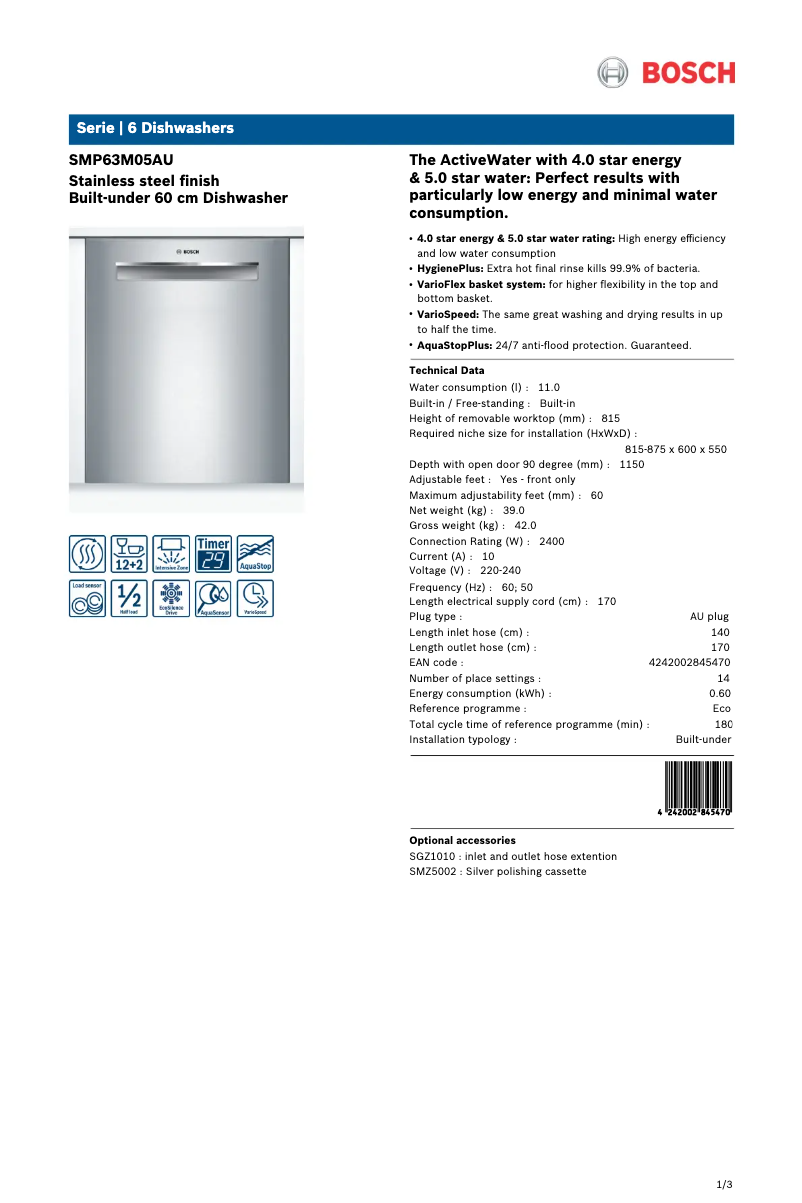 Página 1 del manual Ficha técnica Bosch SMP63M05AU