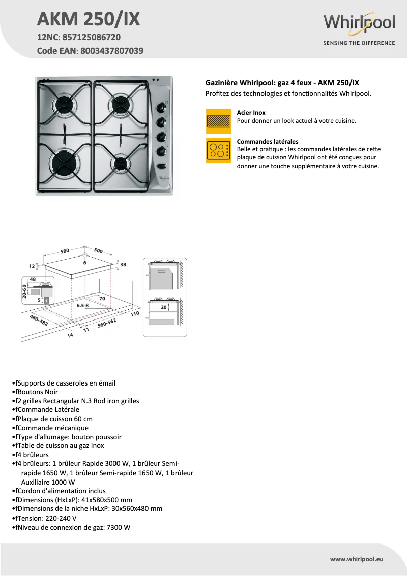 Page 1 de la notice Fiche technique Whirlpool AKM 250/IX
