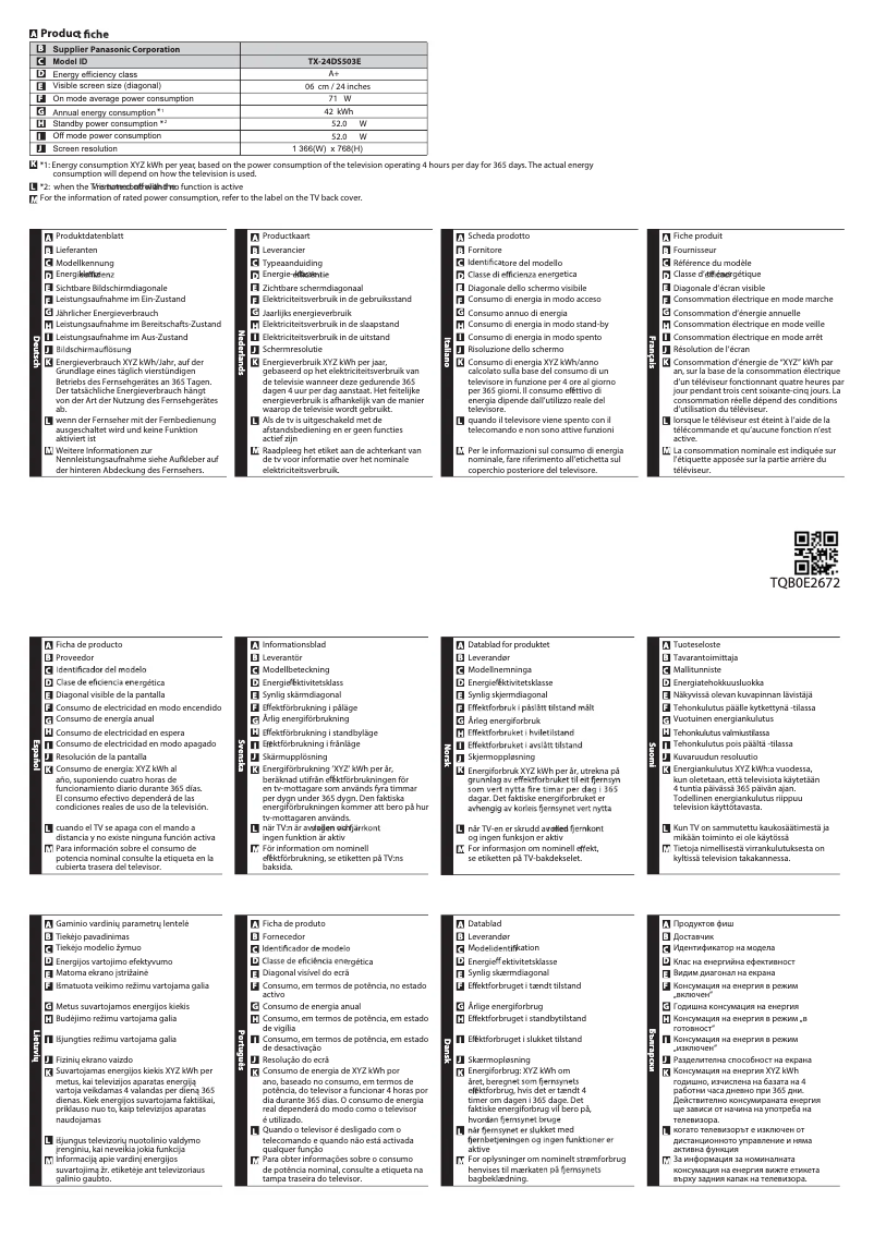 Page 1 de la notice Fiche technique Panasonic TX-24DS503E
