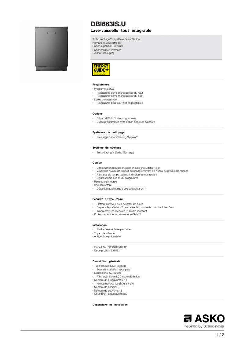 Page 1 de la notice Fiche technique Asko DBI663IS.U