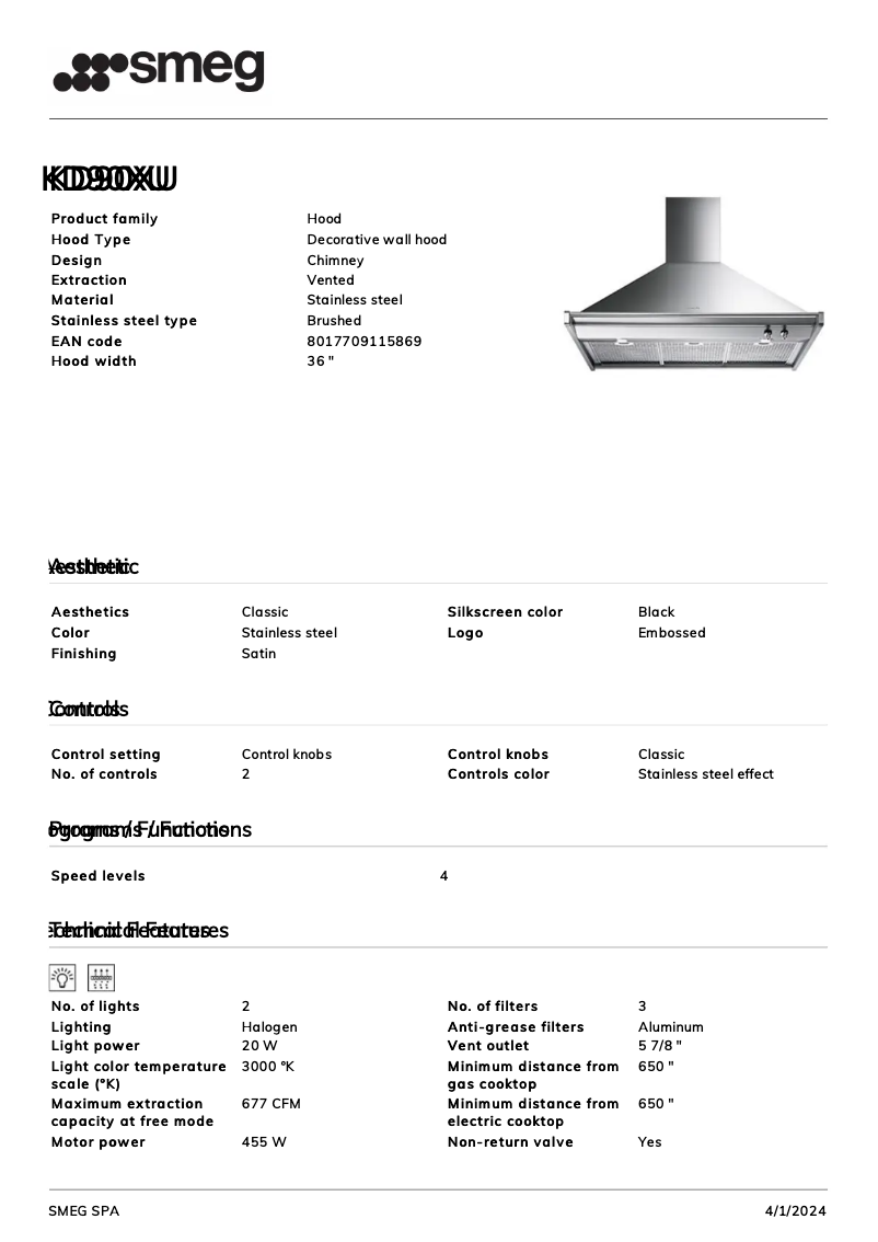 Page n°1 - Fiche technique Smeg KD90XU