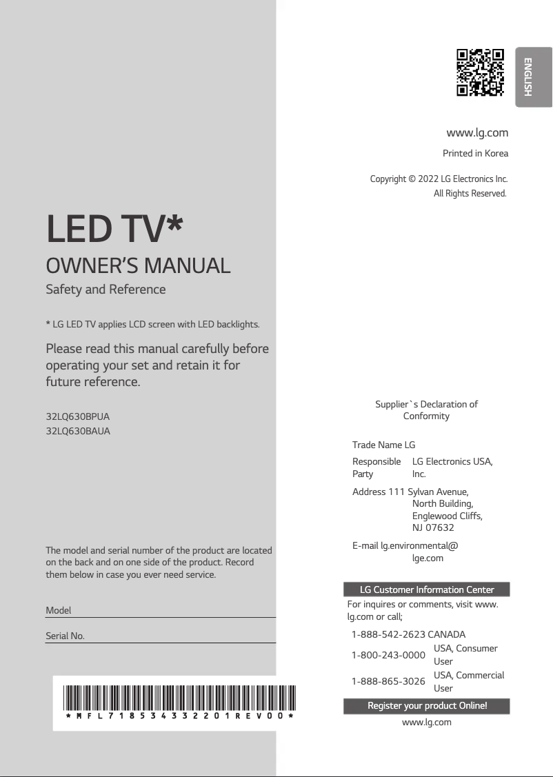 Page n°1 - Manuel utilisateur LG 32LQ630BPUA