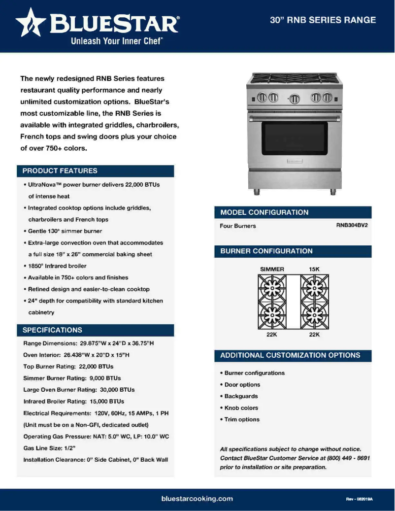 Page 1 de la notice Fiche technique BlueStar RNB304BV2