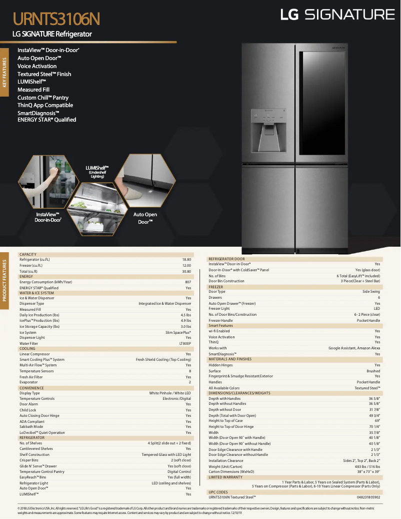 Page 1 de la notice Fiche technique LG Signature URNTS3106N
