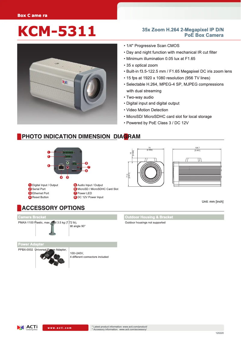 Page 1 de la notice Fiche technique ACTi KCM-5311