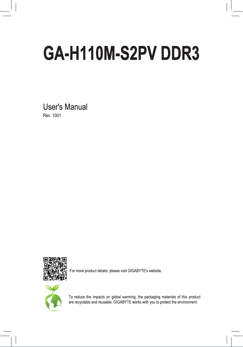 Page 1 de la notice Manuel utilisateur Gigabyte GA-H110M-S2PV DDR3
