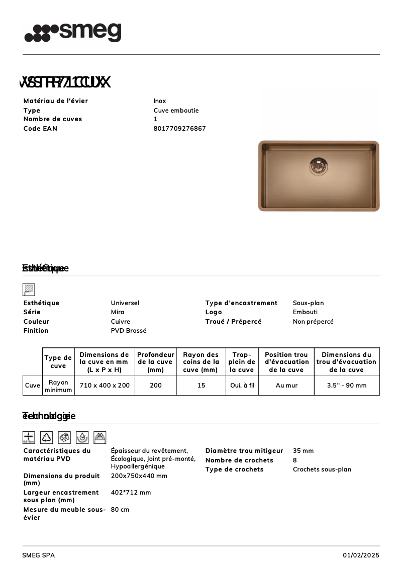 Page 1 de la notice Fiche technique Smeg VSTR71CUX