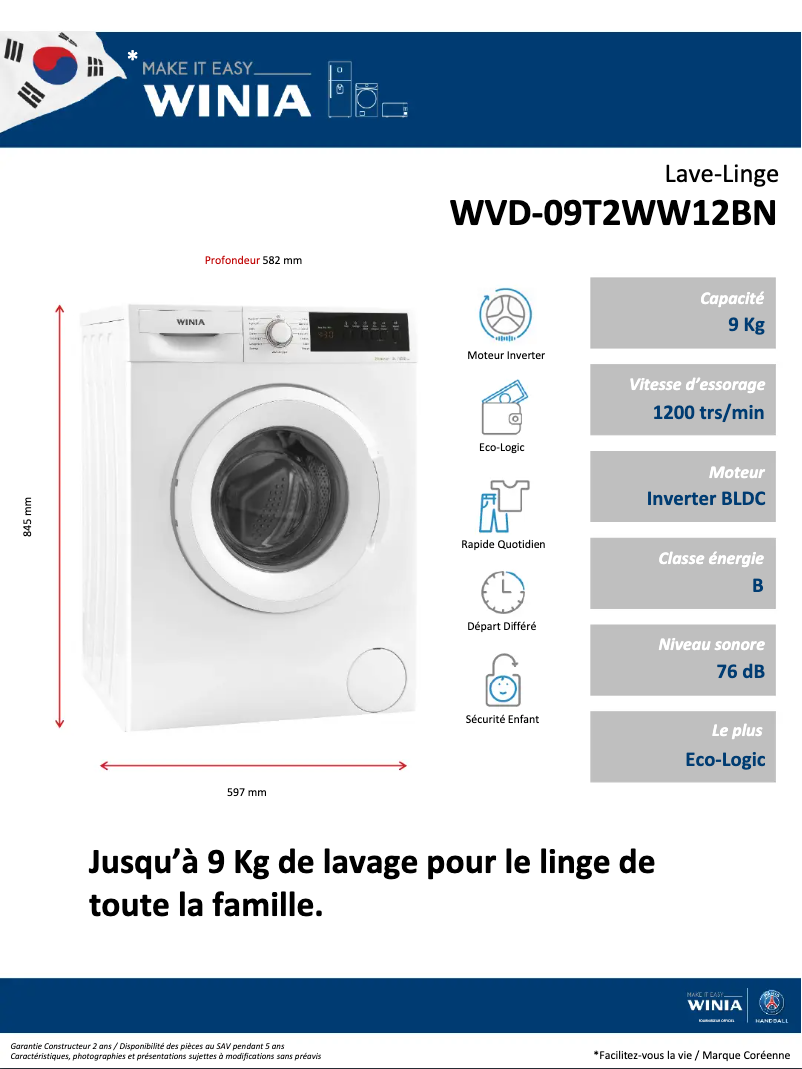 Page n°1 - Fiche technique Winia WVD-09T2WW12BN