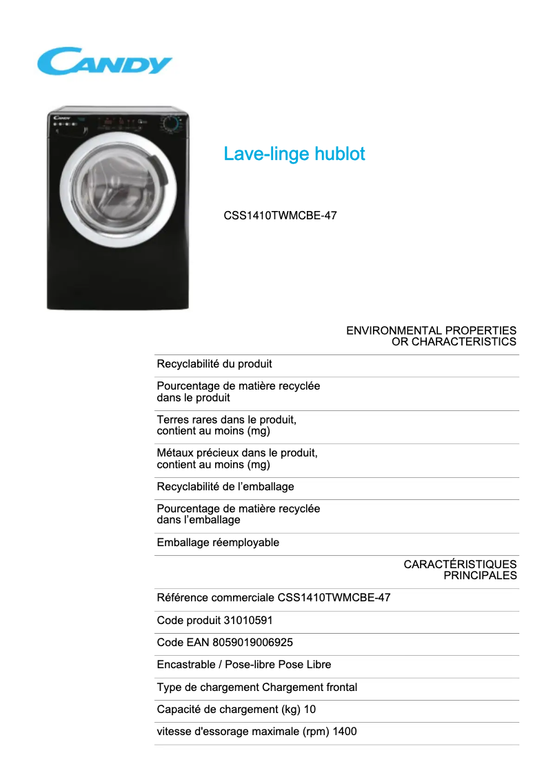 Page 1 de la notice Fiche technique Candy CSS1410TWMCBE-47