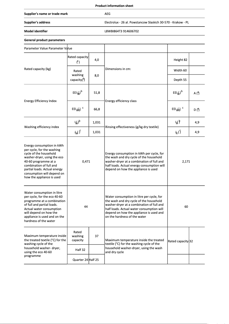 Page n°1 - Fiche technique AEG L8WBI864T3