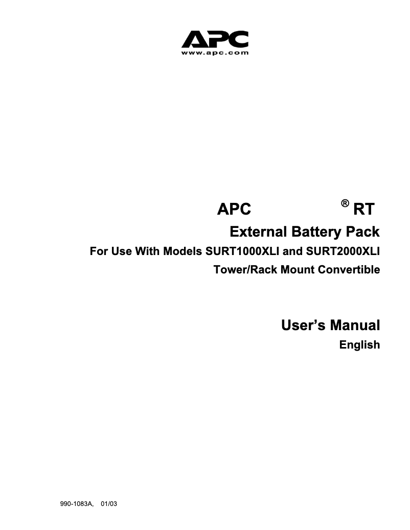 Page 1 de la notice Manuel utilisateur APC SURT1000XLI Kit