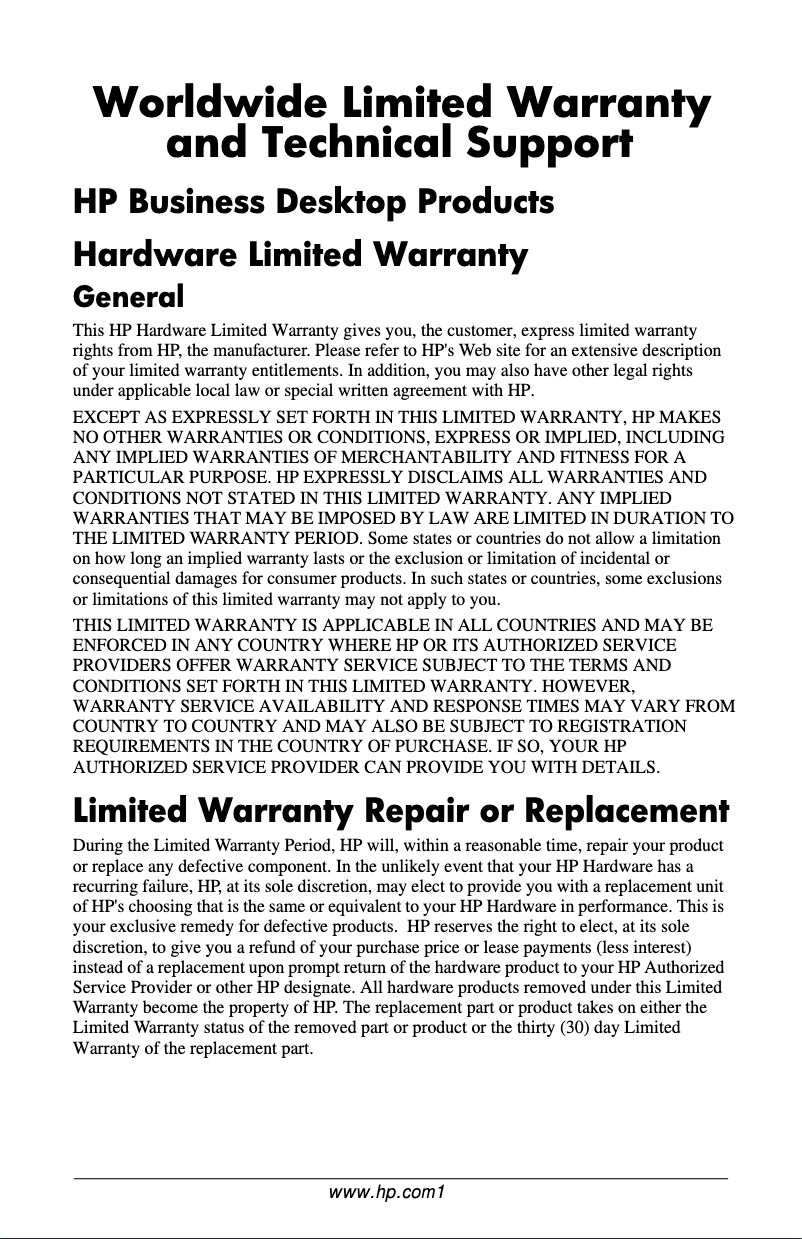 Page 1 de la notice Informations de garantie HP Compaq DX2000