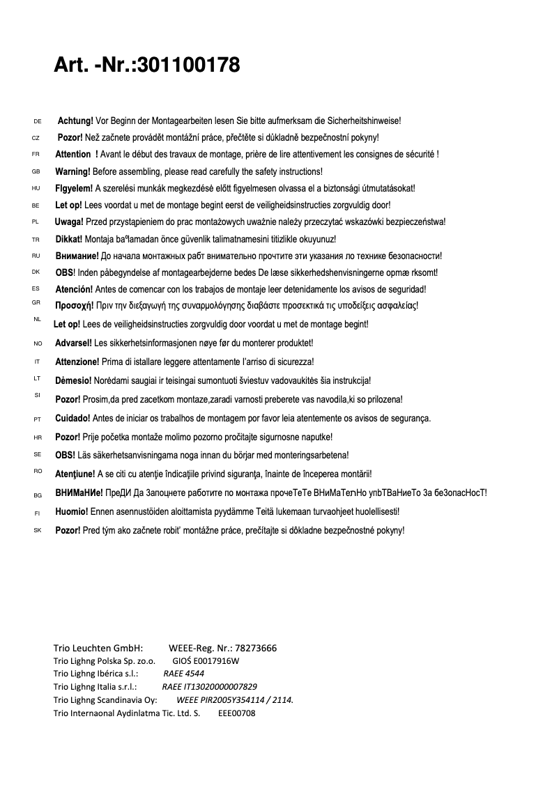 Page 1 de la notice Manuel utilisateur Trio Lighting Roddik 301100178