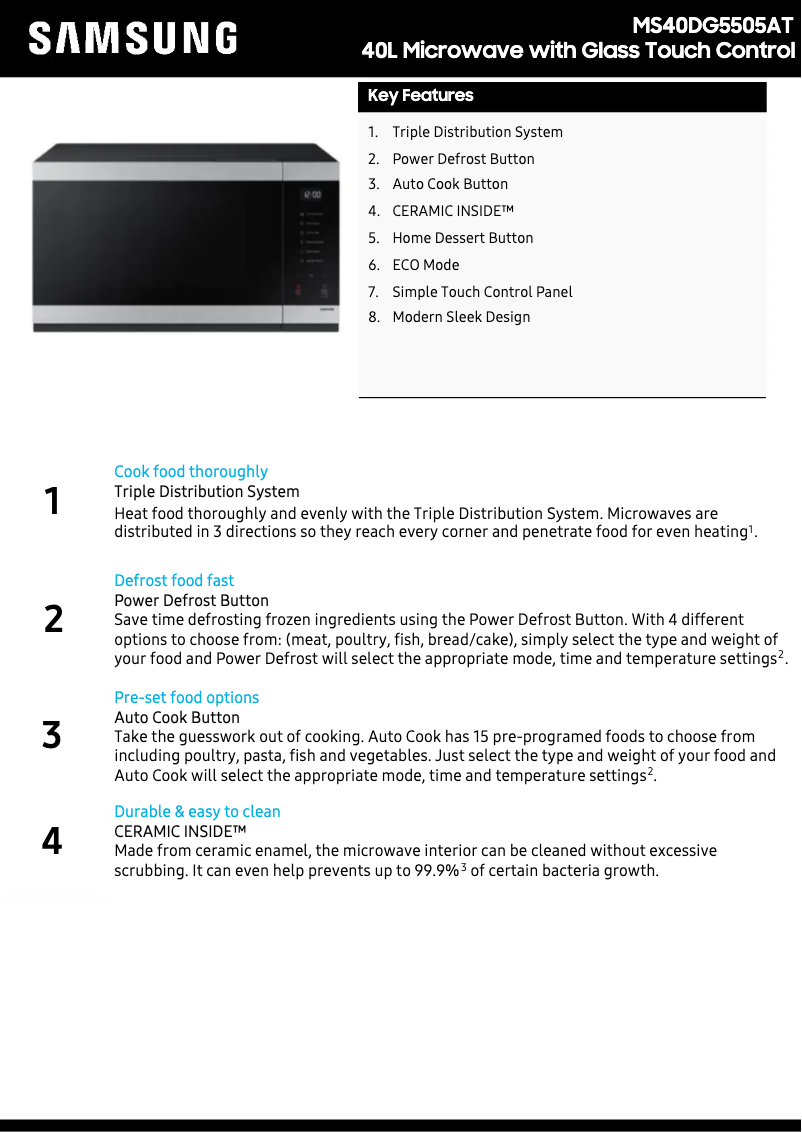 Page 1 de la notice Fiche technique Samsung MS40DG5505AT