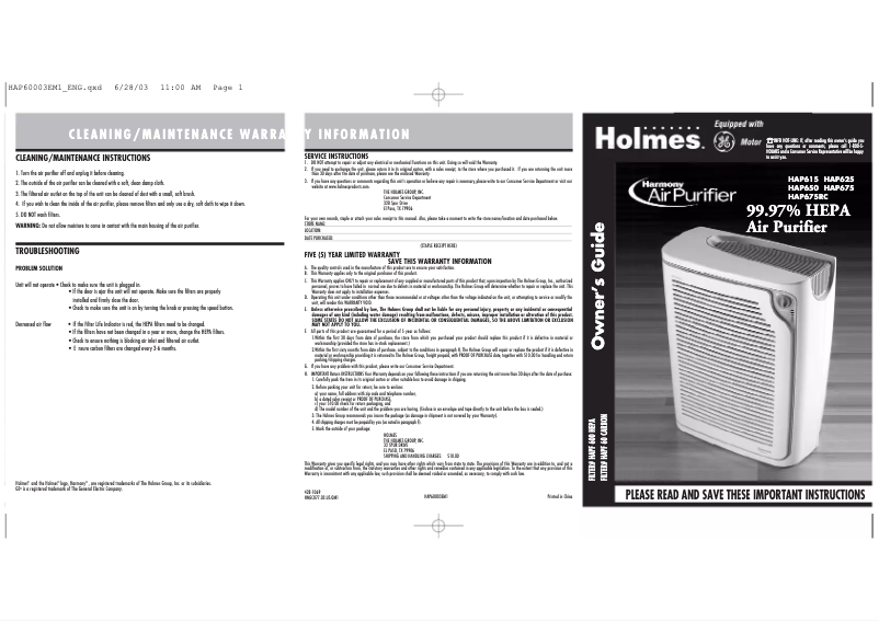 Page 1 de la notice Manuel utilisateur Jarden HAP650