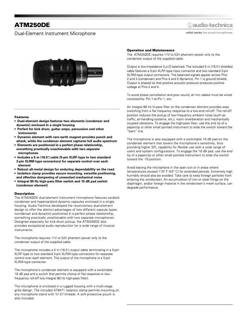 Page n°1 - Fiche technique Audio-Technica ATM250DE