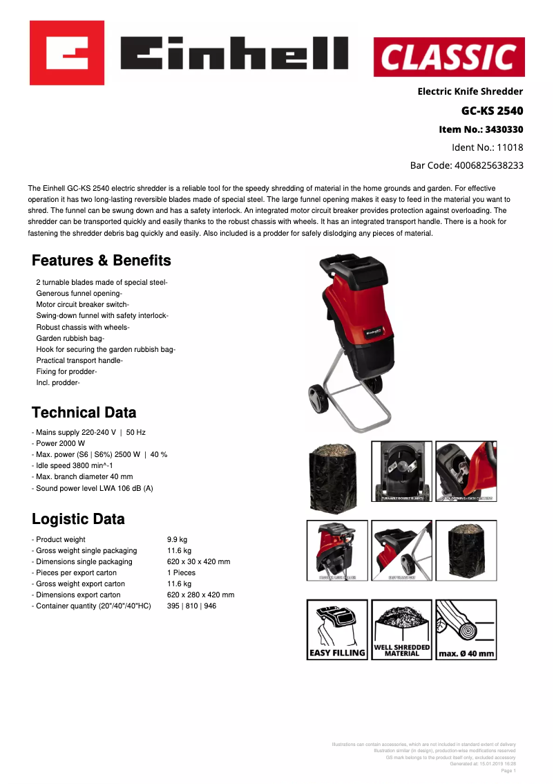 Page 1 de la notice Fiche technique Einhell GC-KS 2540