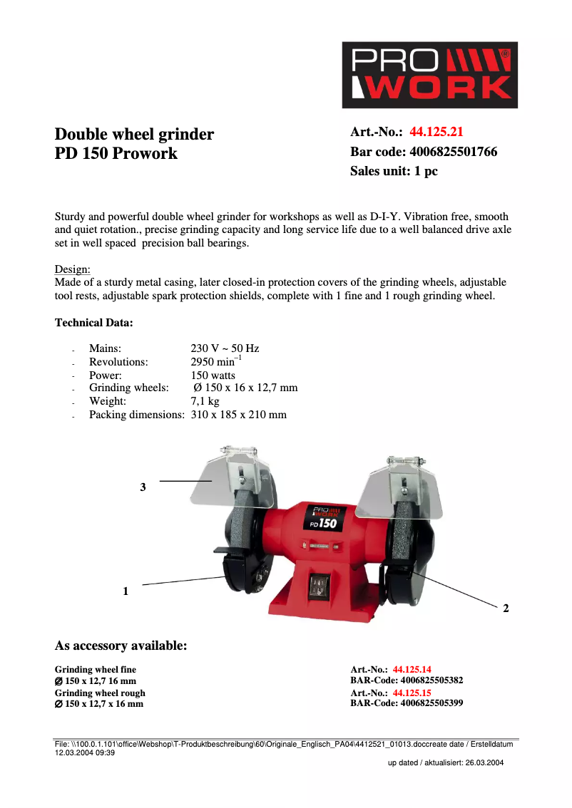 Page 1 de la notice Manuel utilisateur Prowork PD 150