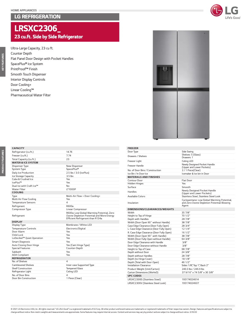 Page 1 de la notice Fiche technique LG LRSXC2306S
