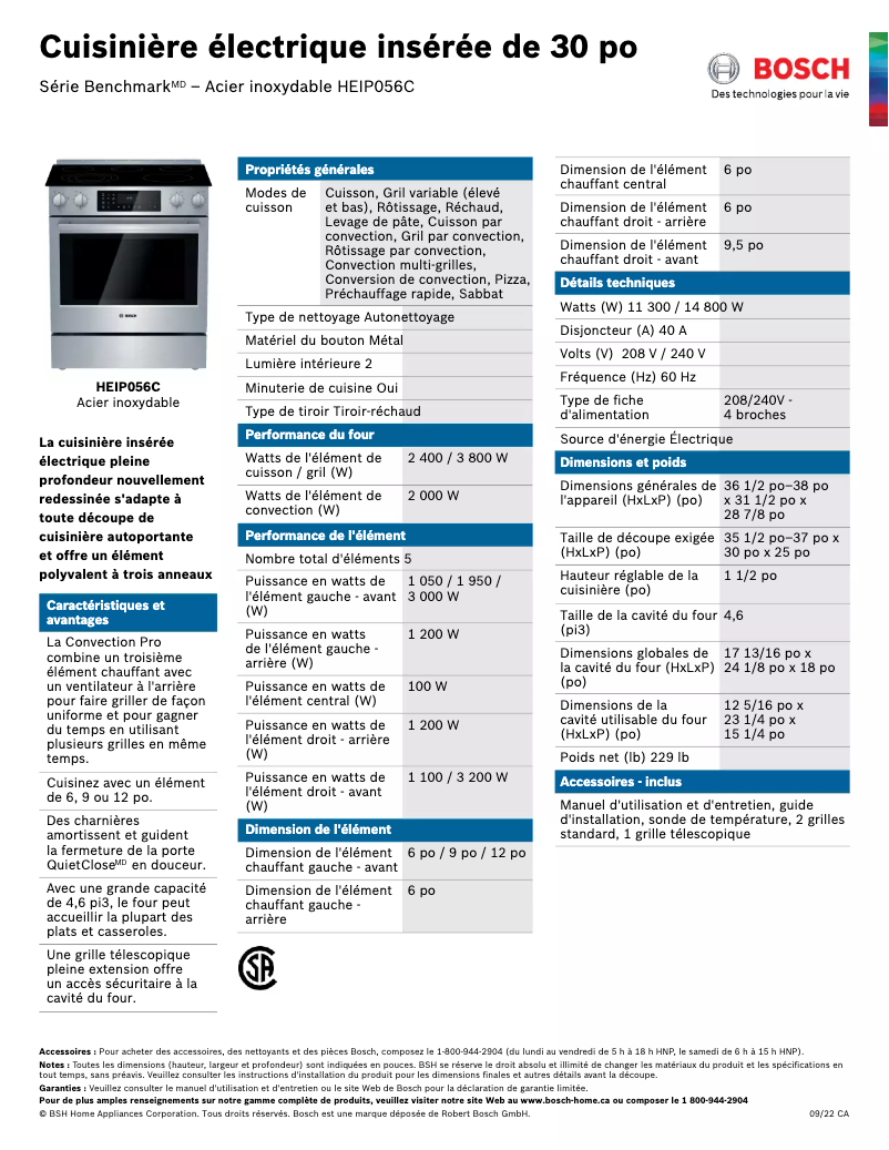 Page 1 de la notice Fiche technique Bosch HEIP056C