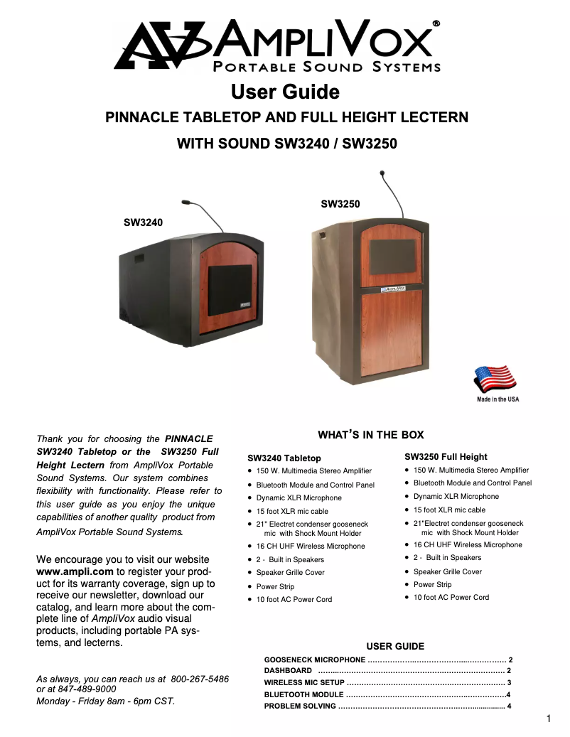 Page 1 de la notice Manuel utilisateur AmpliVox Pinnacle SW3250
