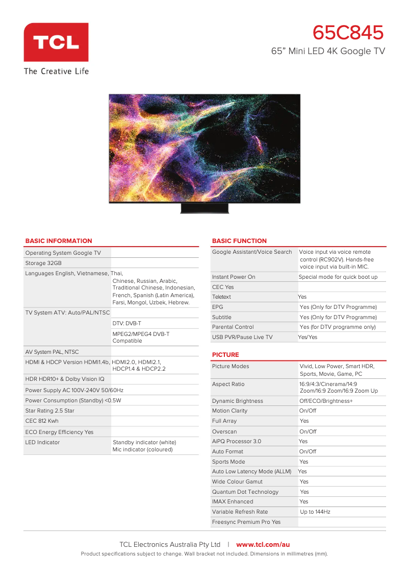 Page 1 de la notice Fiche technique TCL 65C845