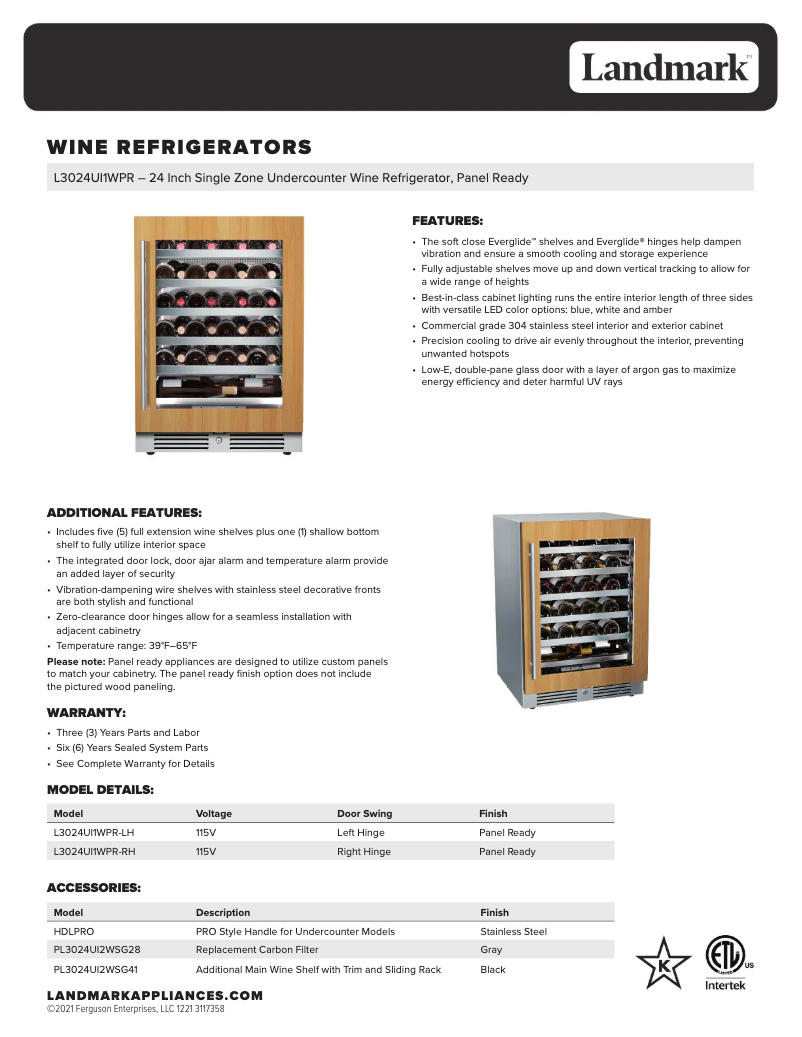 Page n°1 - Fiche technique Landmark L3024UI1WPR-LH