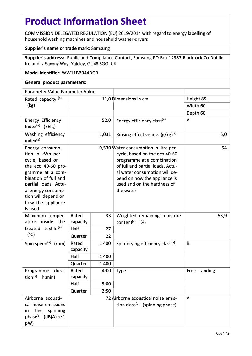 Page n°1 - Fiche technique Samsung WW11BB944DGB