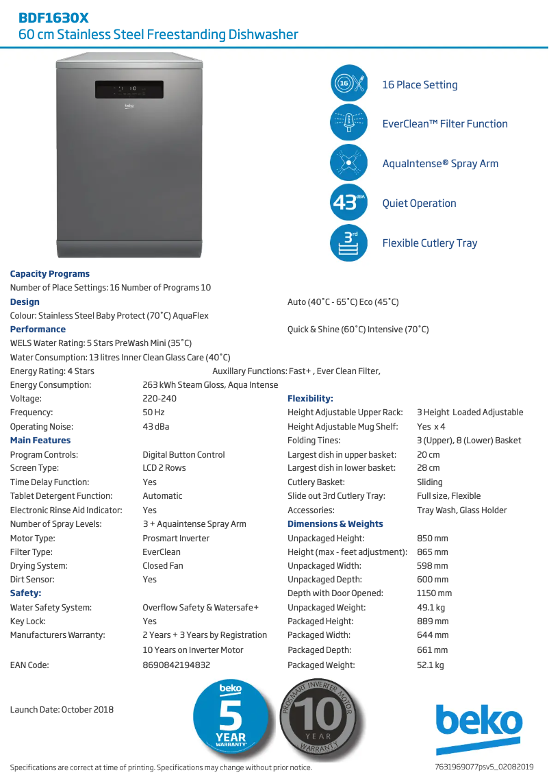 Page 1 de la notice Fiche technique Beko BDF1630X