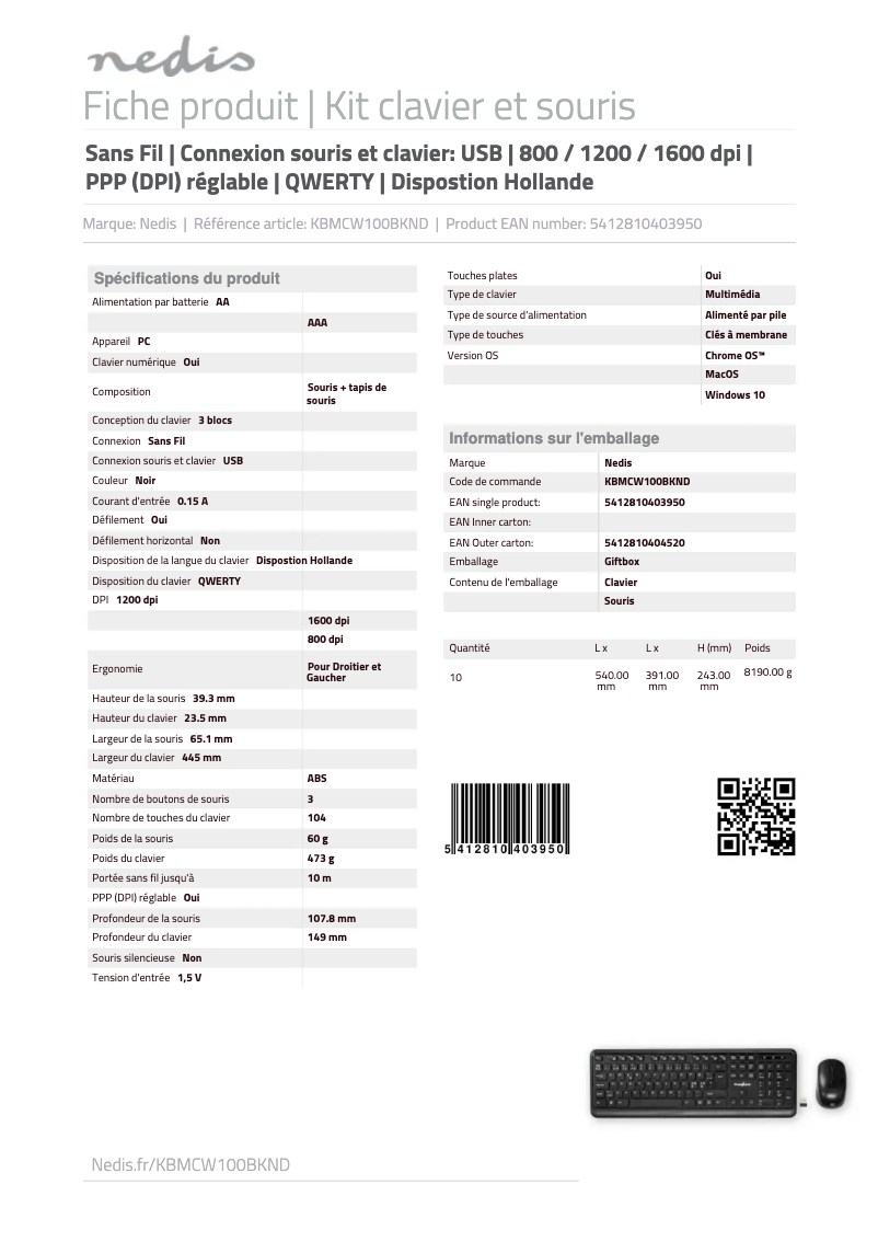 Página 1 del manual Ficha técnica Nedis KBMCW100BKND