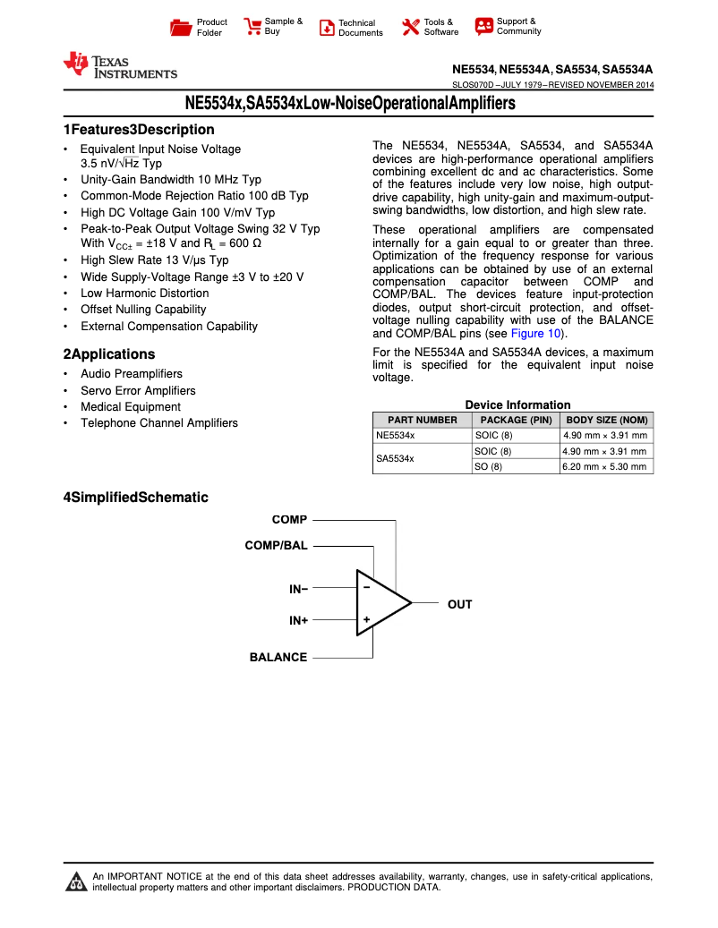 Page 1 de la notice Manuel utilisateur Texas Instruments NE5534P