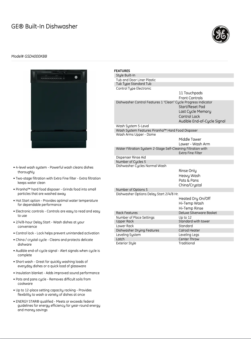 Page n°1 - Fiche technique GE GSD4000KBB