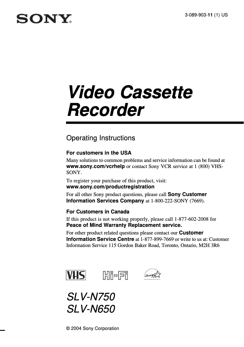 Page 1 de la notice Manuel utilisateur Sony SLV-N750