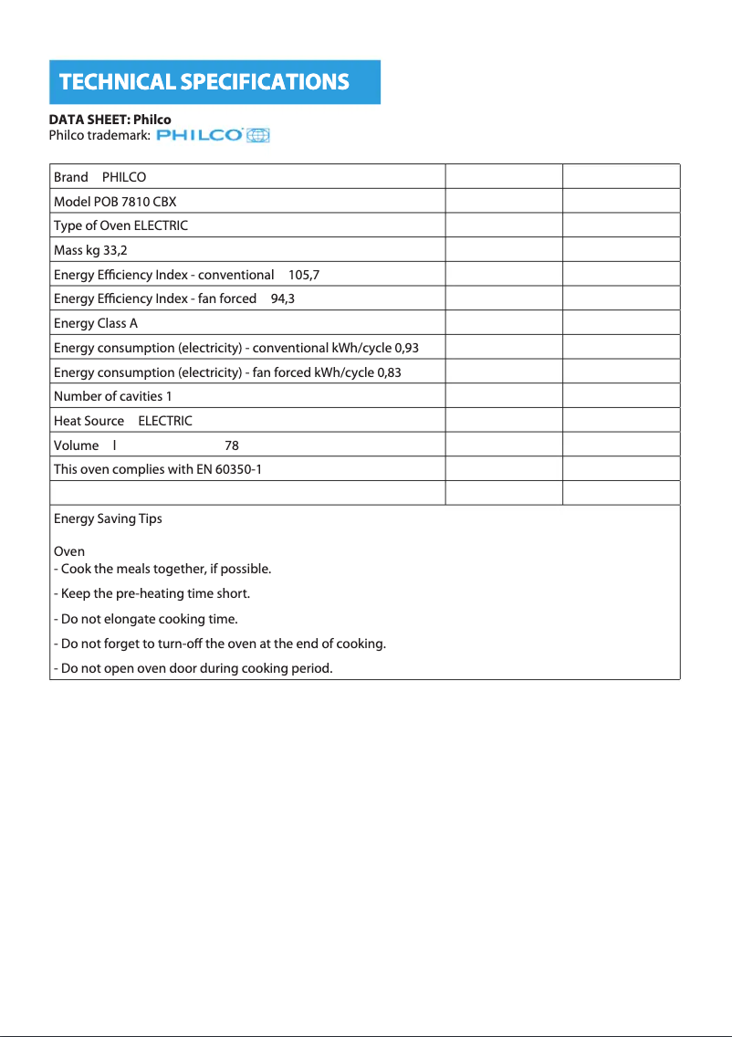Page 1 de la notice Fiche technique Philco POB 7810 CBX