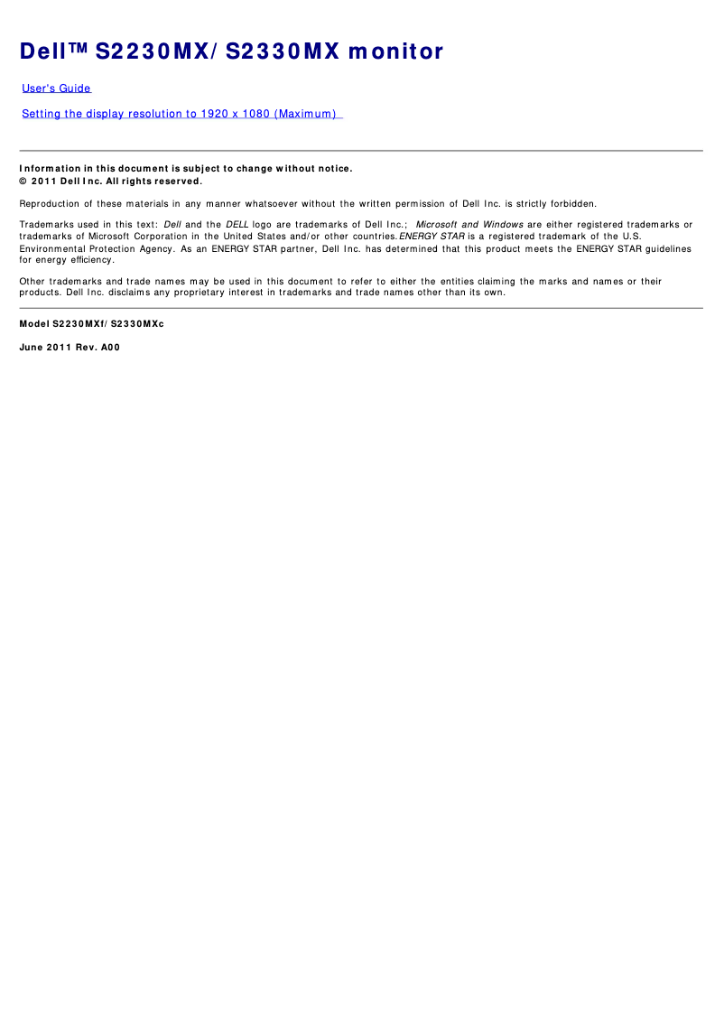 Page 1 de la notice Manuel utilisateur Dell S2230MX