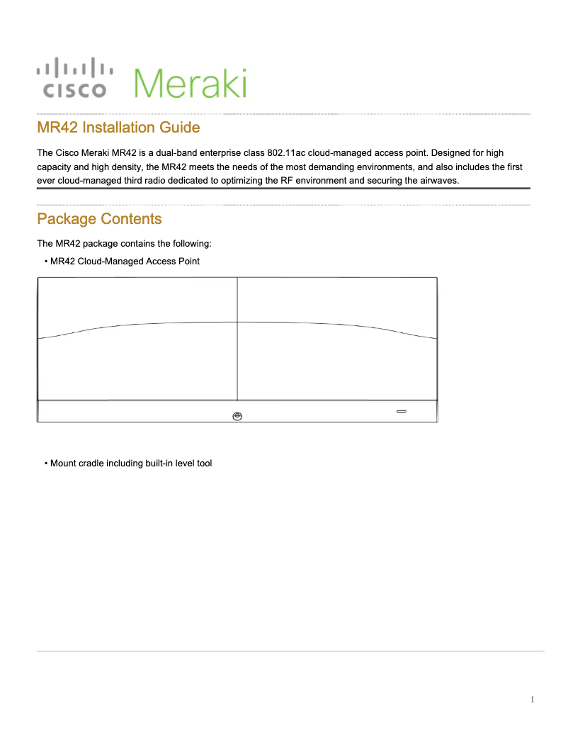 Image de la première page du manuel de l'appareil Meraki MR42