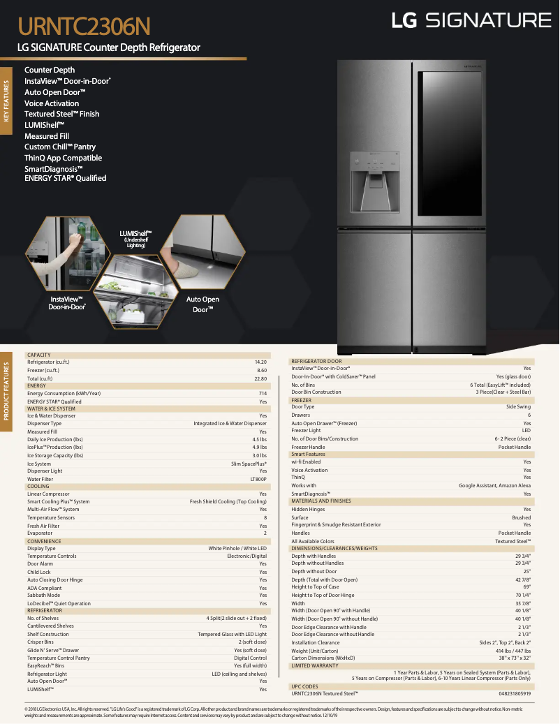 Página 1 del manual Ficha técnica LG Signature URNTC2306N