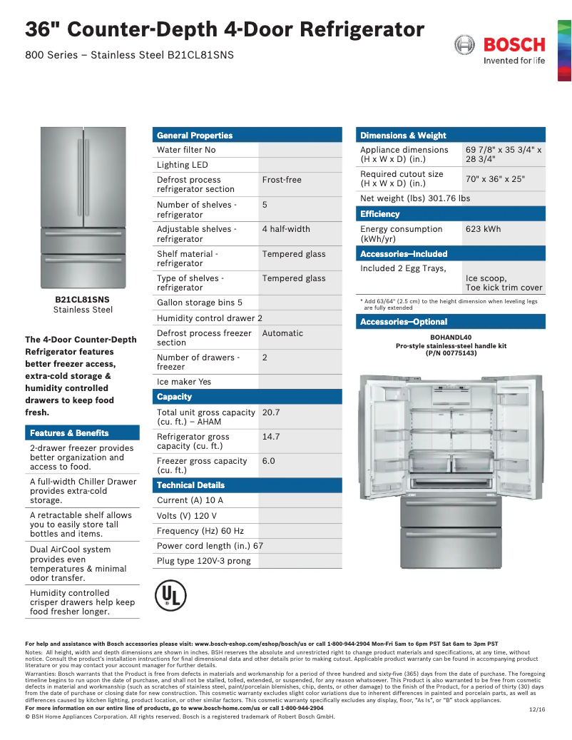 Page n°1 - Fiche technique Bosch B21CL1SNS