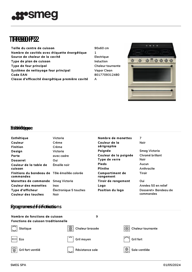 Page 1 de la notice Fiche technique Smeg TR90IP2